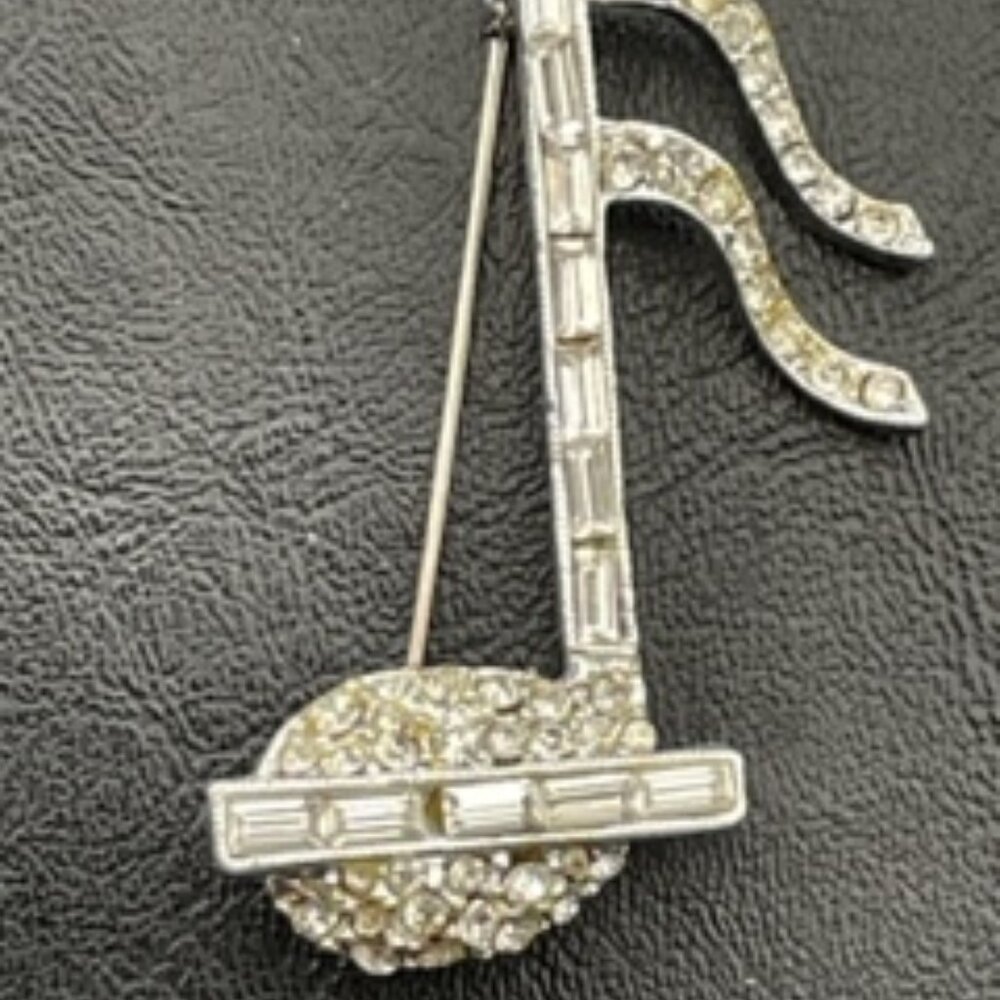 Vintage 1950's Musical Note Brooch-Silver tone- clear rhinestones